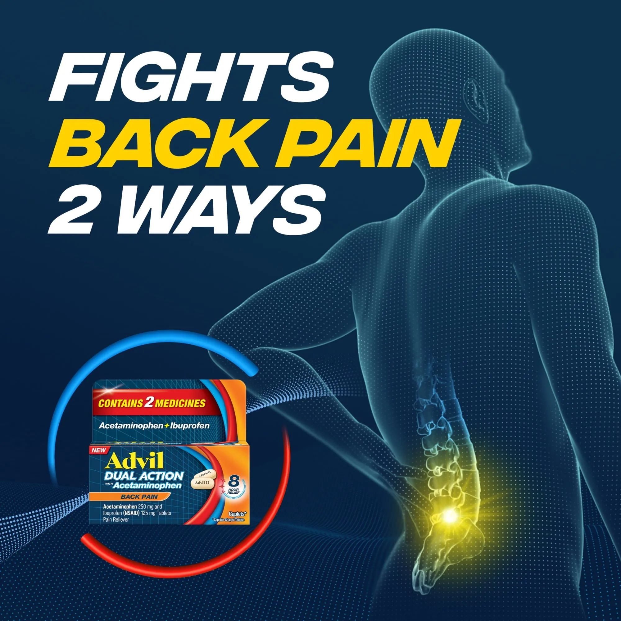 Advil Dual Action Back Pain Caplets Delivers 250Mg Ibuprofen and 500Mg Acetaminophen Per Dose for 8 Hours of Back Pain Relief - 72 Count