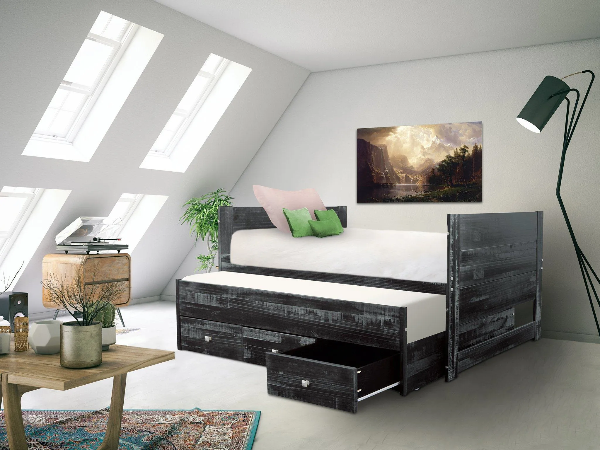 All in One Twin Bed with Trundle and 3 Drawers in Weathered Black