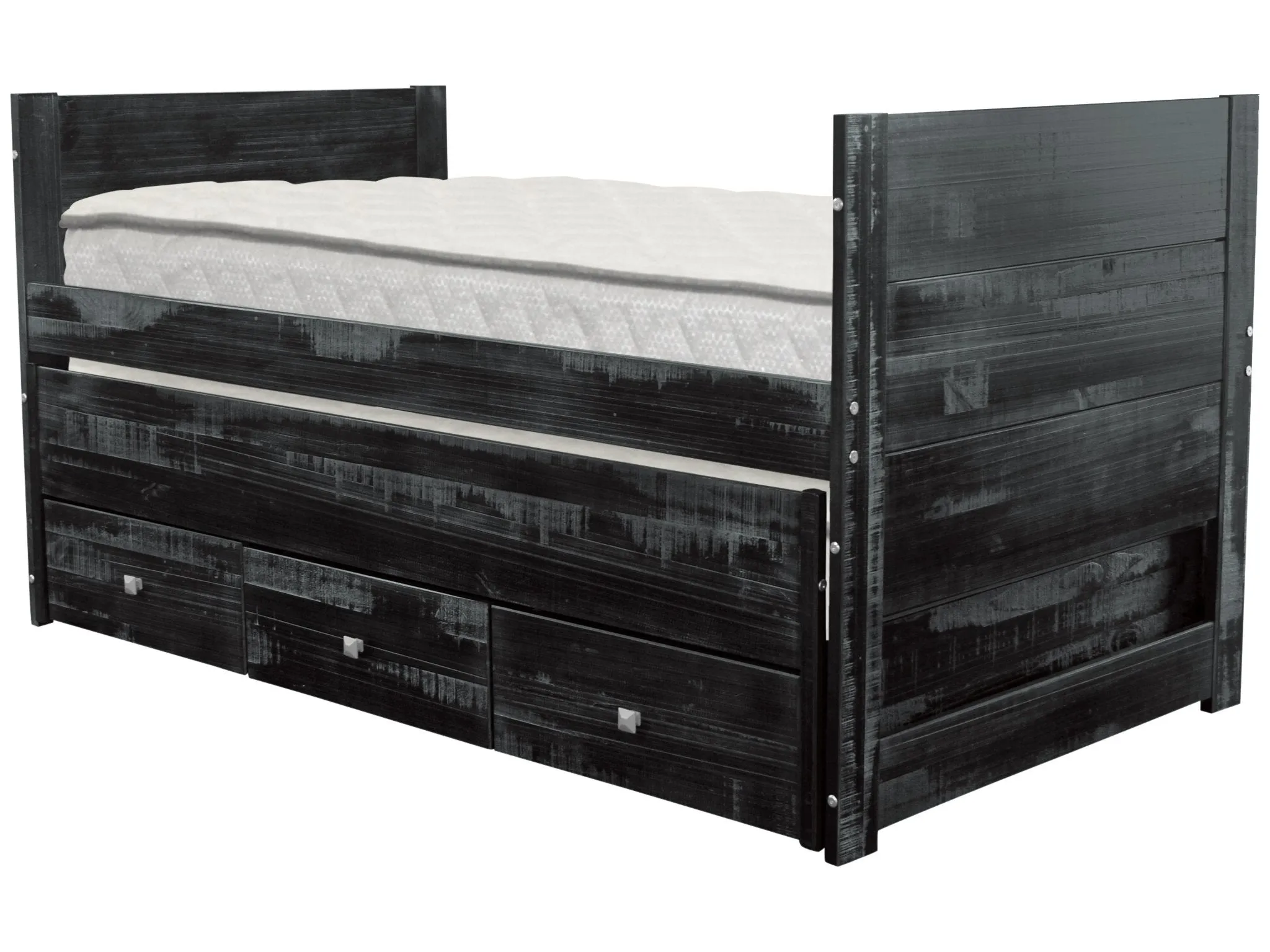 All in One Twin Bed with Trundle and 3 Drawers in Weathered Black