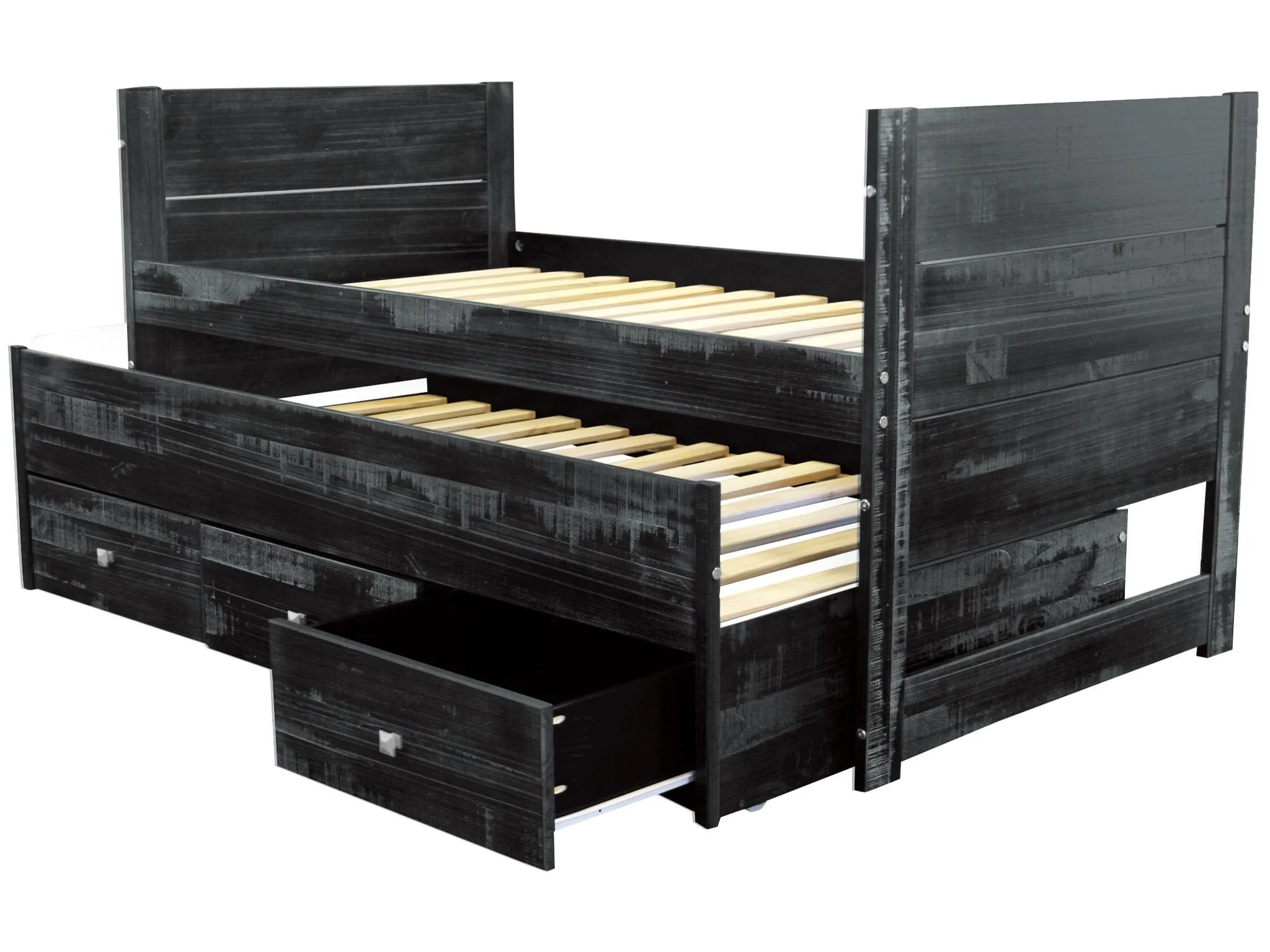 All in One Twin Bed with Trundle and 3 Drawers in Weathered Black