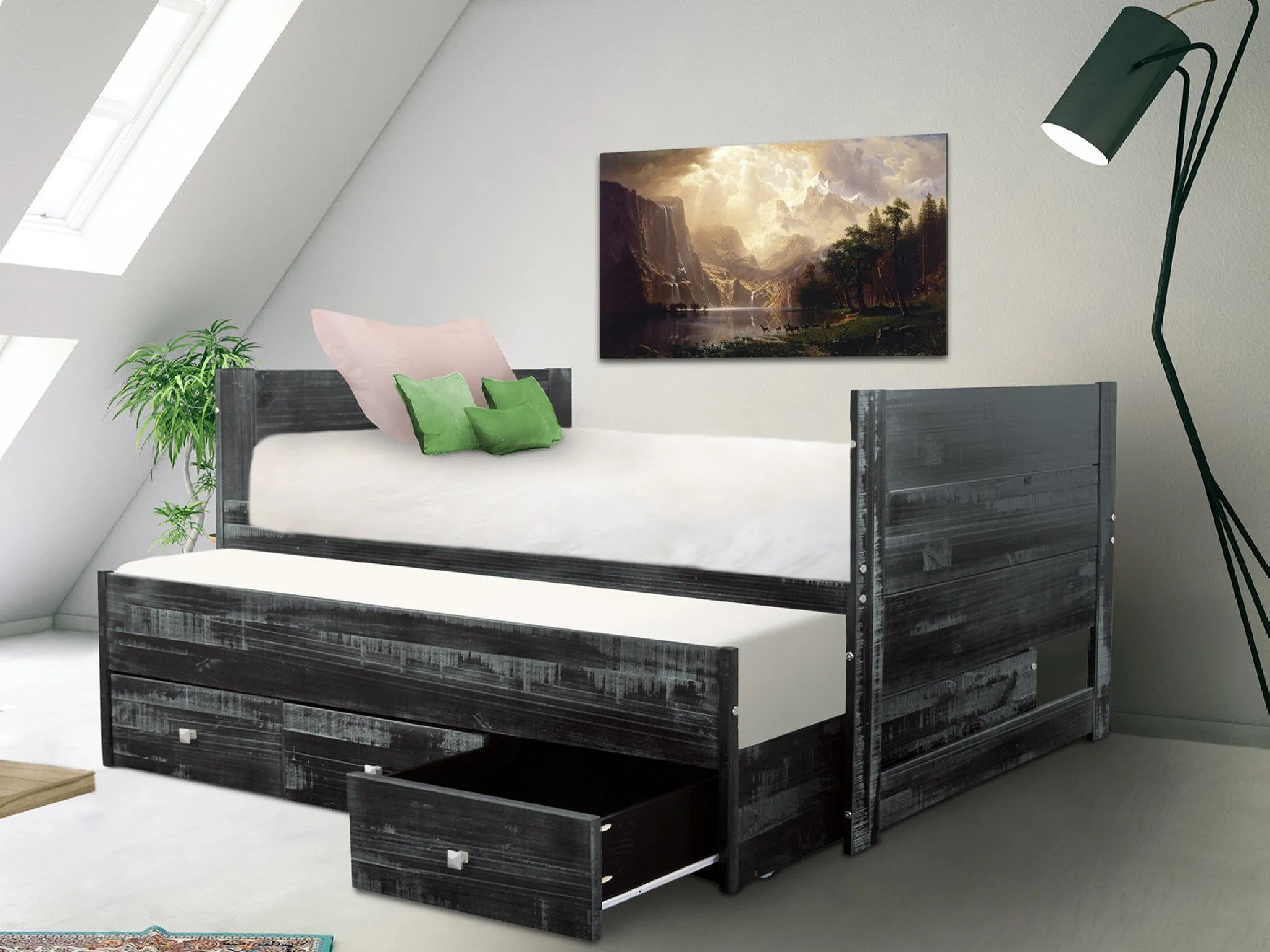 All in One Twin Bed with Trundle and 3 Drawers in Weathered Black