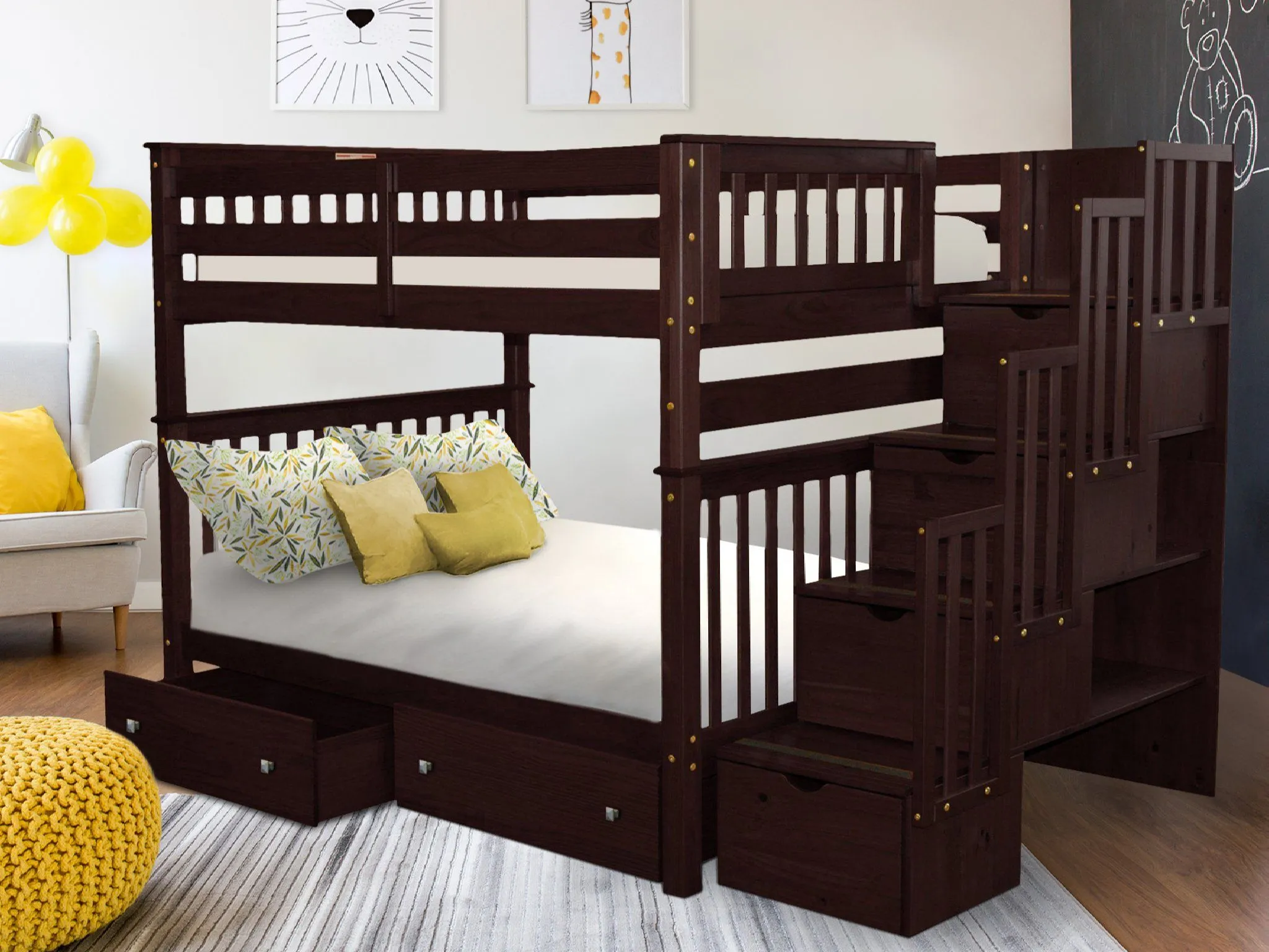 Bunk Beds Full over Full Stairway Cappuccino   2 Extra Drawers