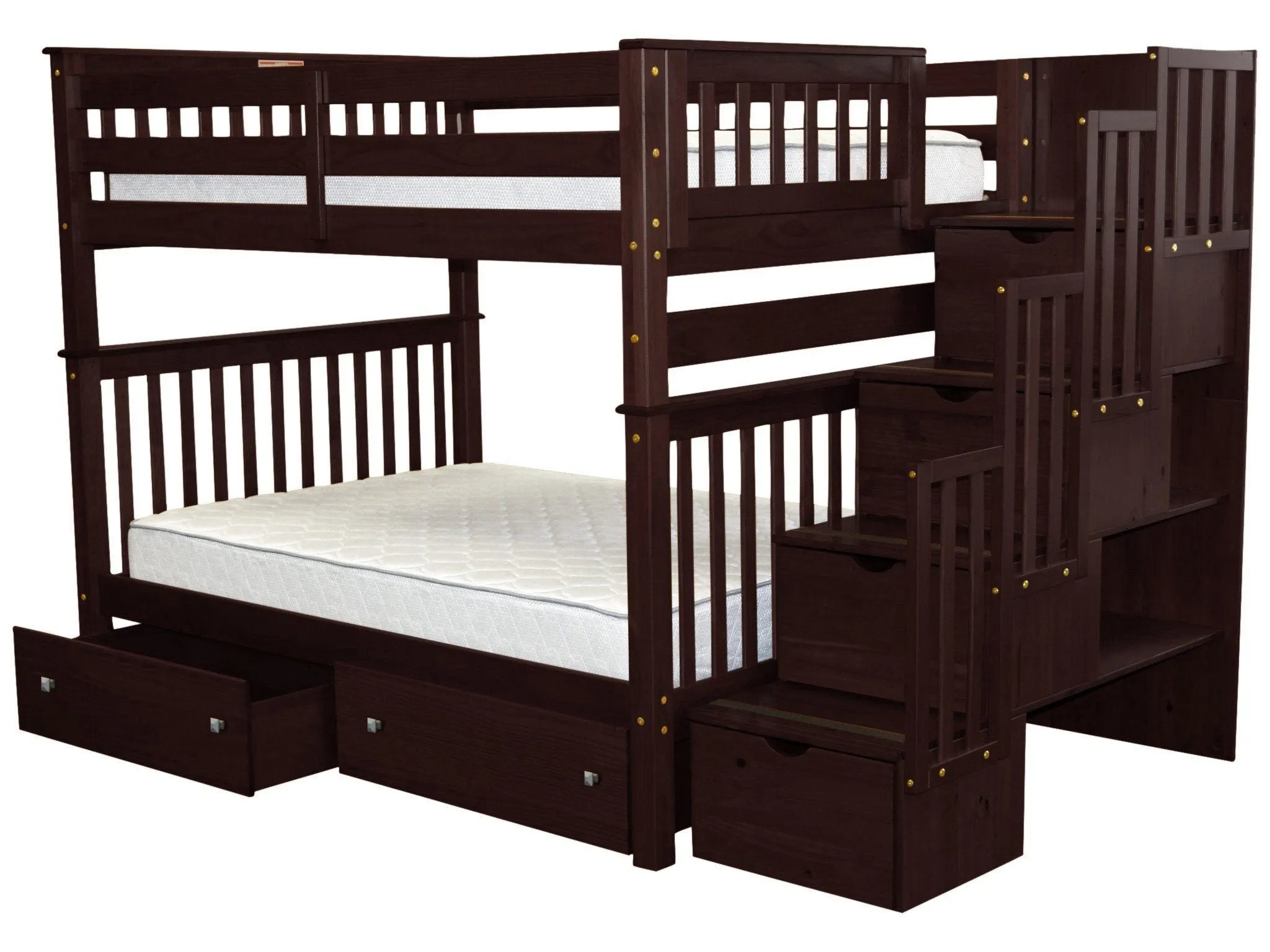 Bunk Beds Full over Full Stairway Cappuccino   2 Extra Drawers