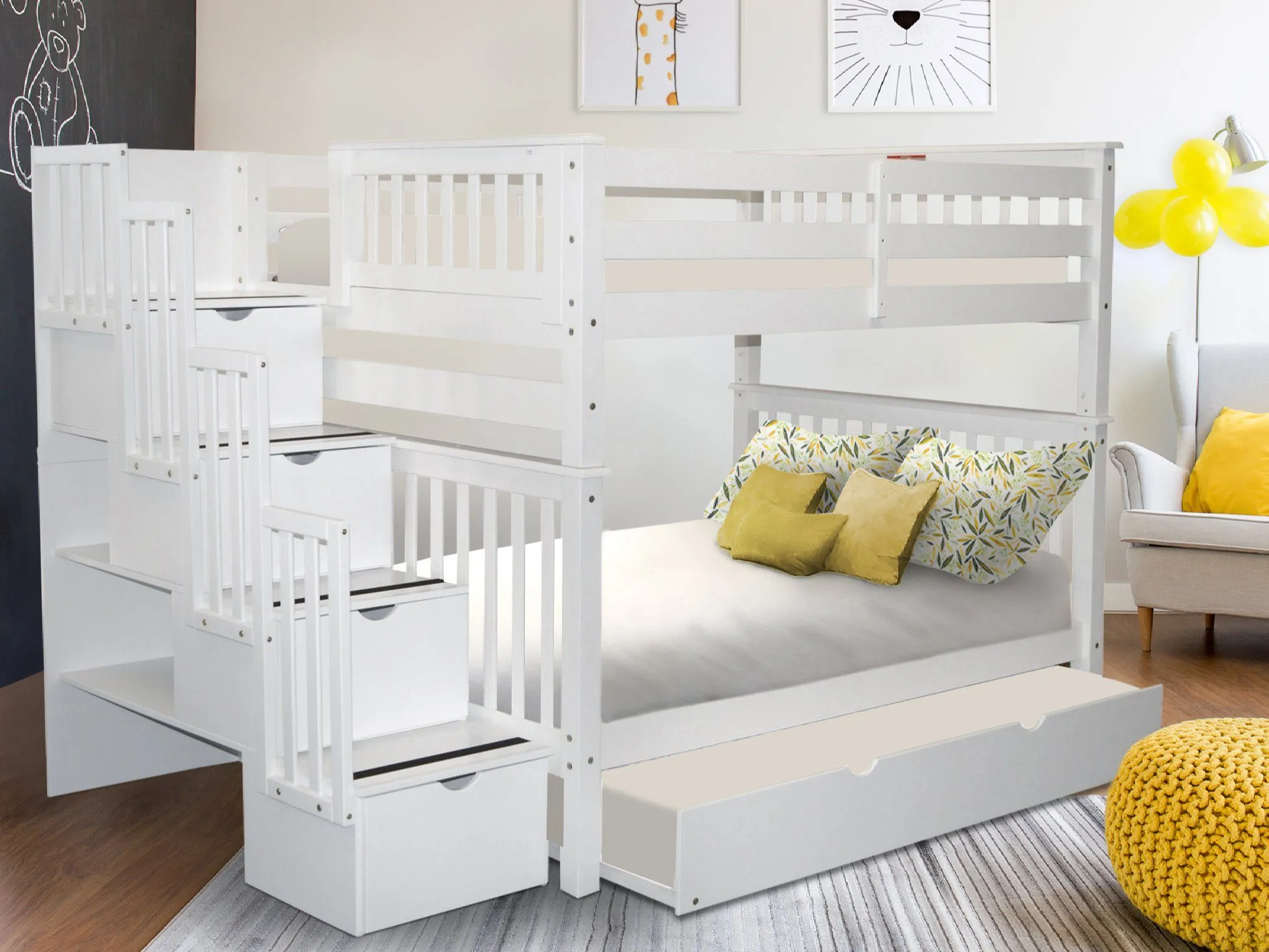 Bunk Beds Full over Full Stairway White   Full Trundle