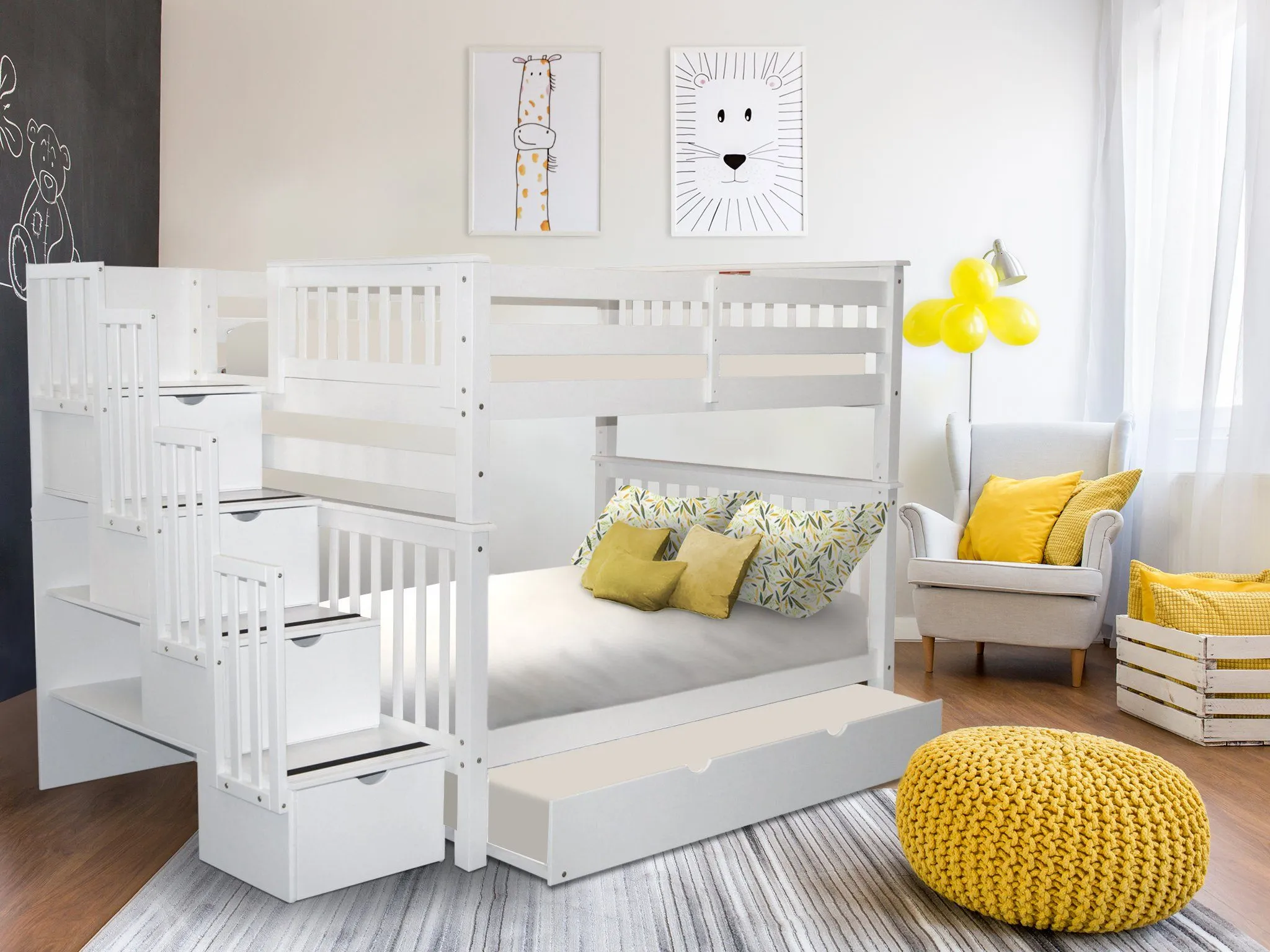 Bunk Beds Full over Full Stairway White   Full Trundle