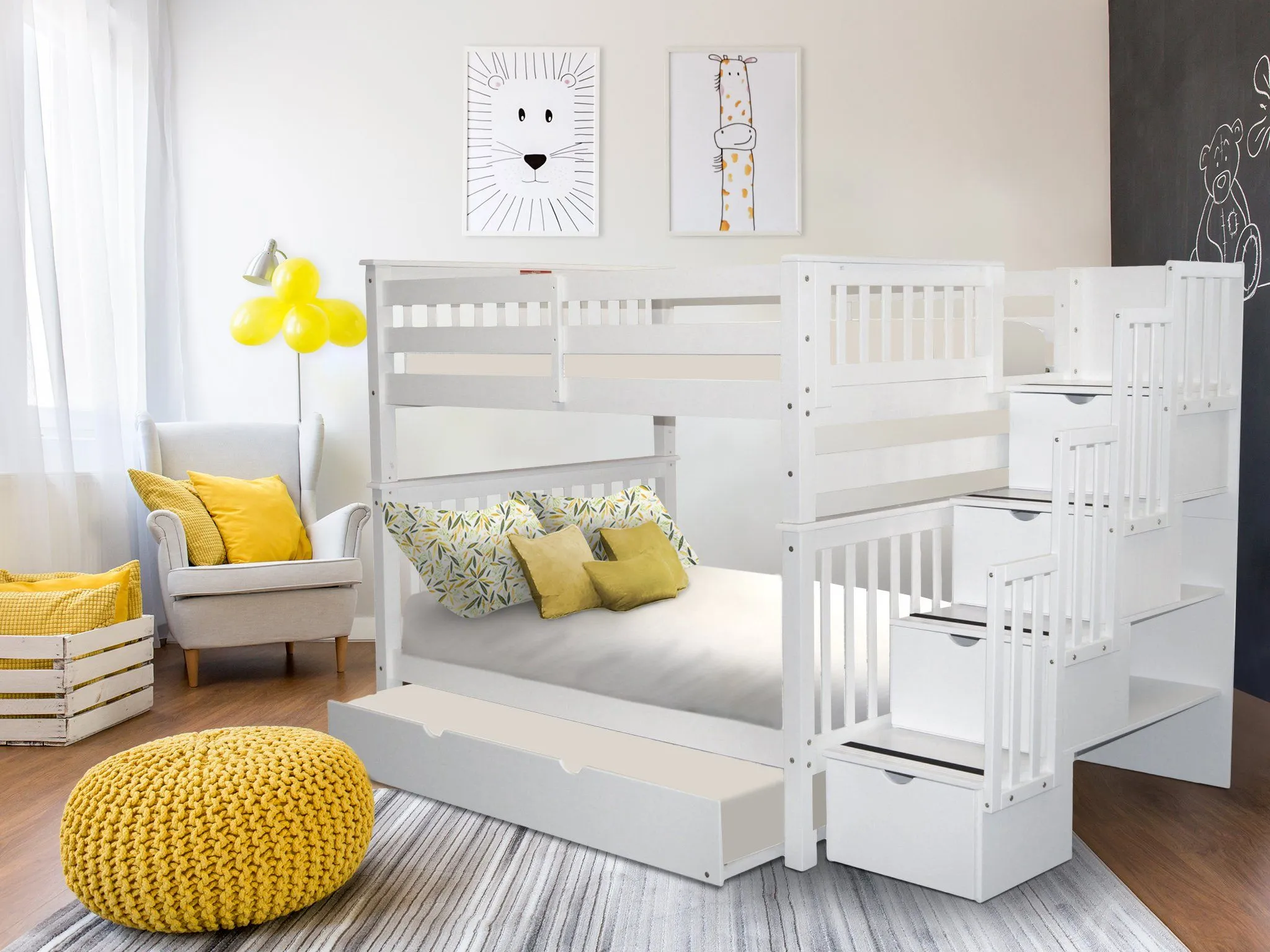 Bunk Beds Full over Full Stairway White   Trundle