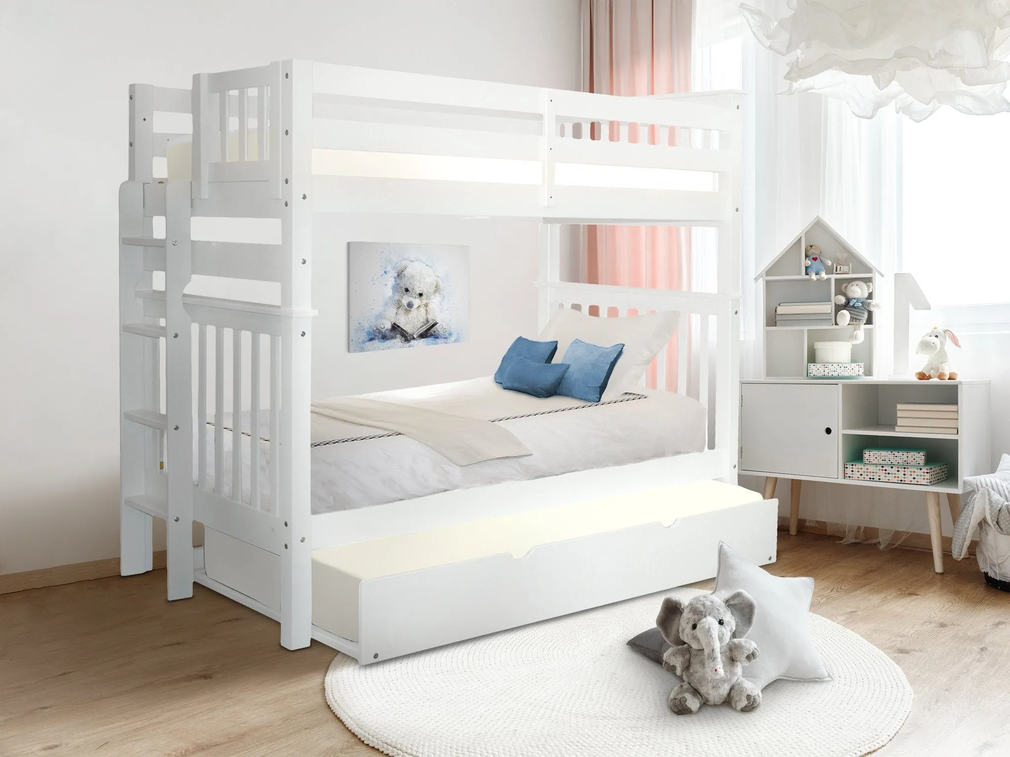 Bunk Beds Tall Twin over Twin End Ladder White   Trundle