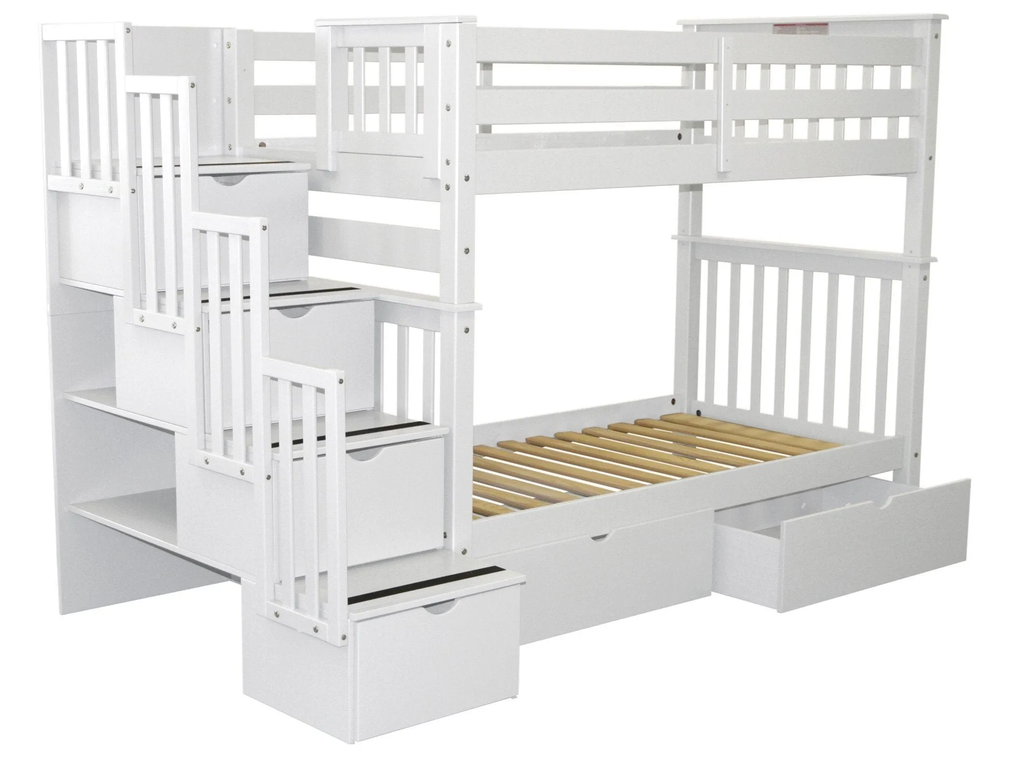 Bunk Beds Tall Twin over Twin Stairway White   2 Drawers