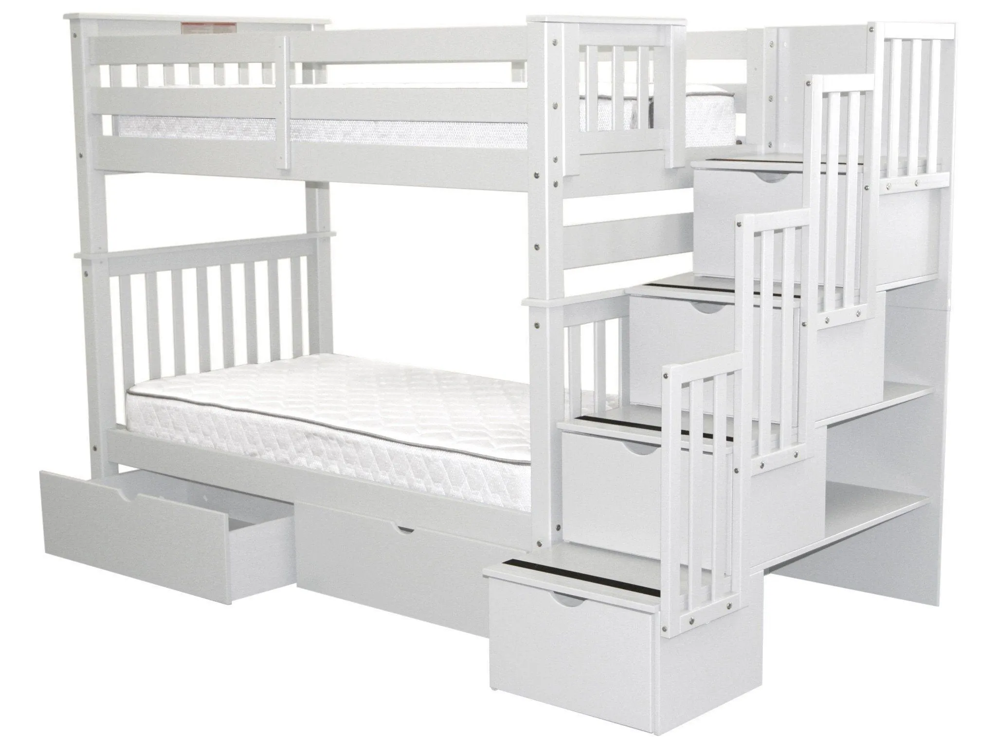 Bunk Beds Tall Twin over Twin Stairway White   2 Drawers