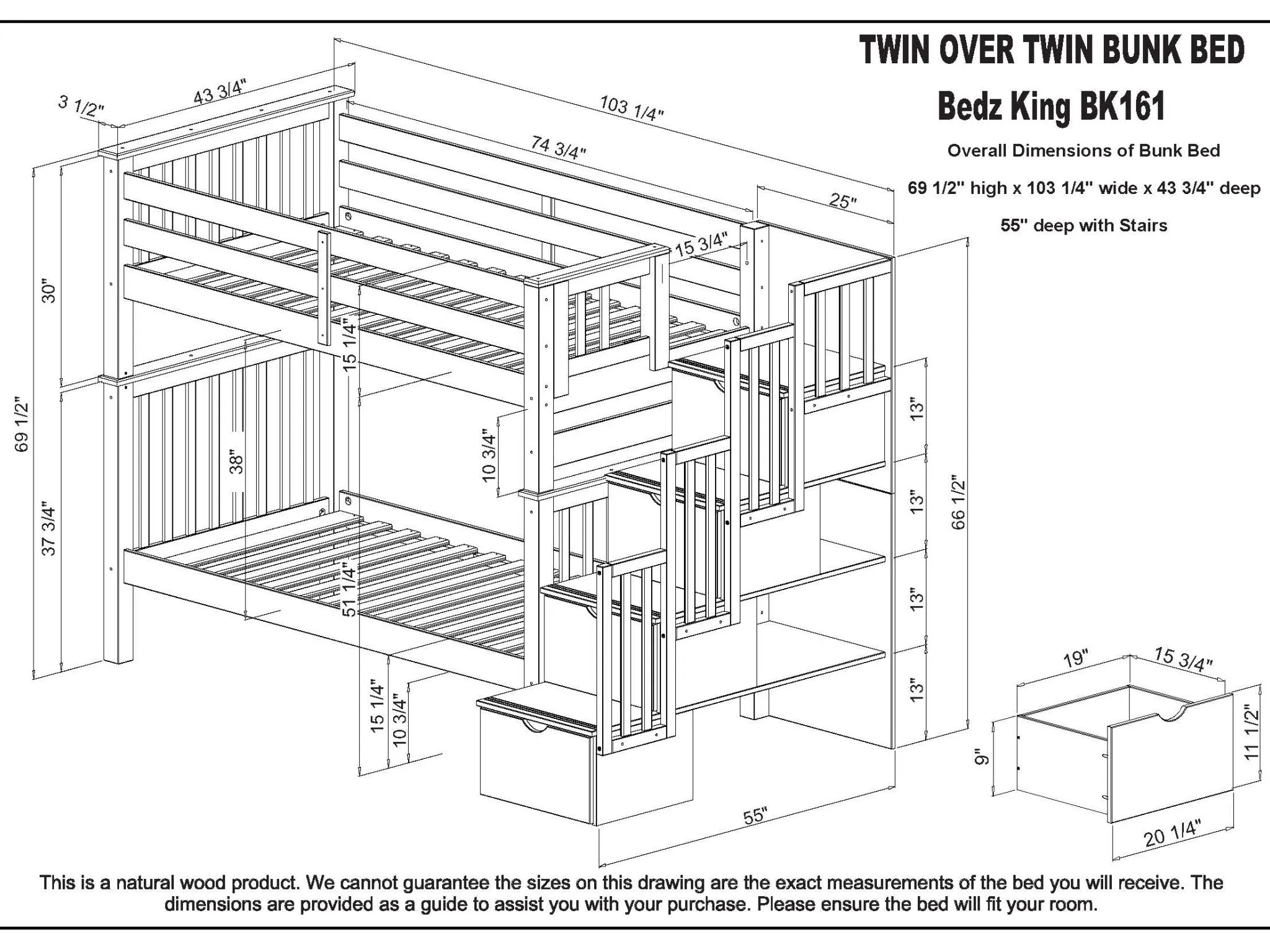 Bunk Beds Tall Twin over Twin Stairway White   2 Drawers