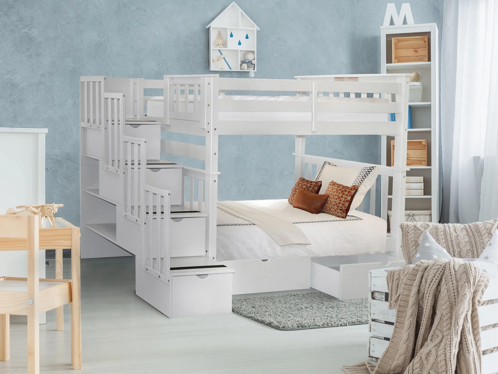 Bunk Beds Tall Twin over Twin Stairway White   2 Drawers