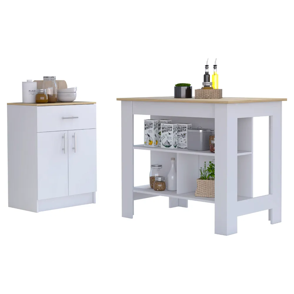 California 2 Piece Kitchen Set, Delos Kitchen Island   Barbados Pantry Cabinet , White /Light Oak