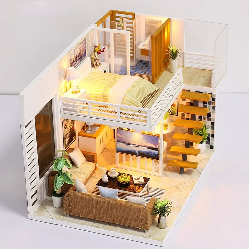 DIY Dollhouse Miniature with Furniture, Children's Wooden Educational Toys Manual Assembly Model Toy