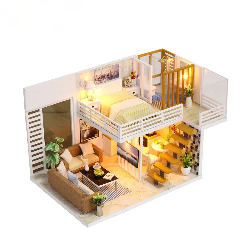 DIY Dollhouse Miniature with Furniture, Children's Wooden Educational Toys Manual Assembly Model Toy