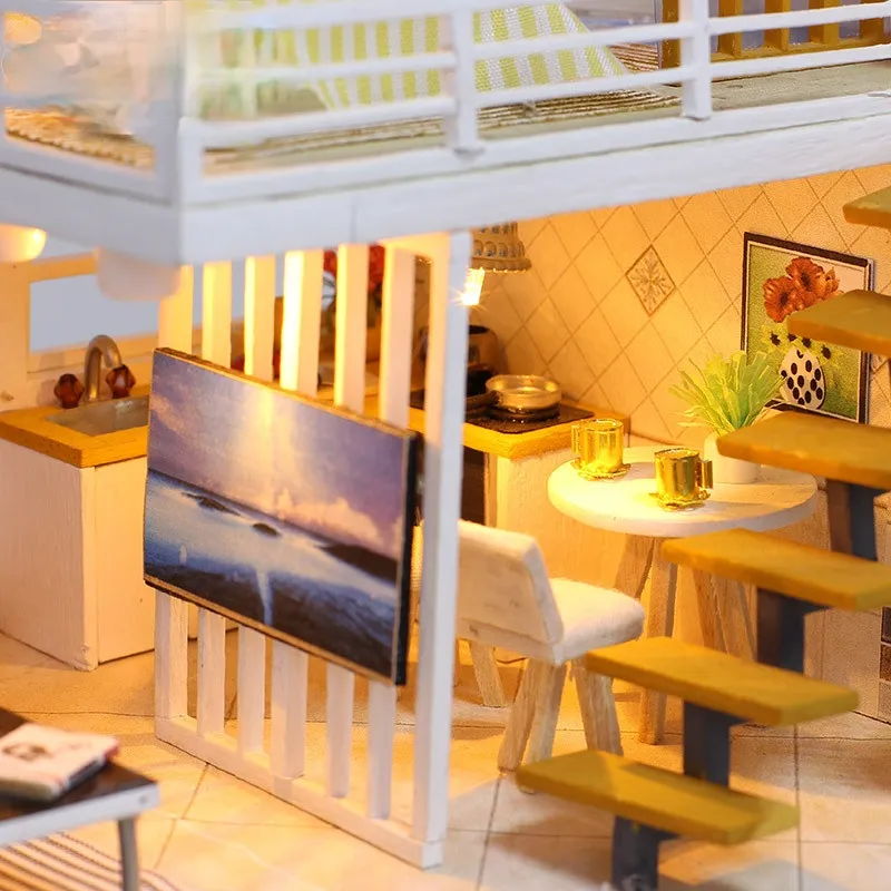 DIY Dollhouse Miniature with Furniture, Children's Wooden Educational Toys Manual Assembly Model Toy