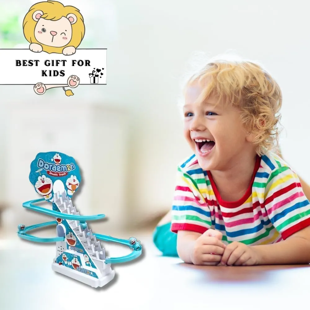 FUNVERSE® Doraemon Track Toys for Kids - Small Doraemon Stair Climbing Toys for Kids, Escalator Toy with Lights and Music - 3 Doraemon Included (Doraemon Track)