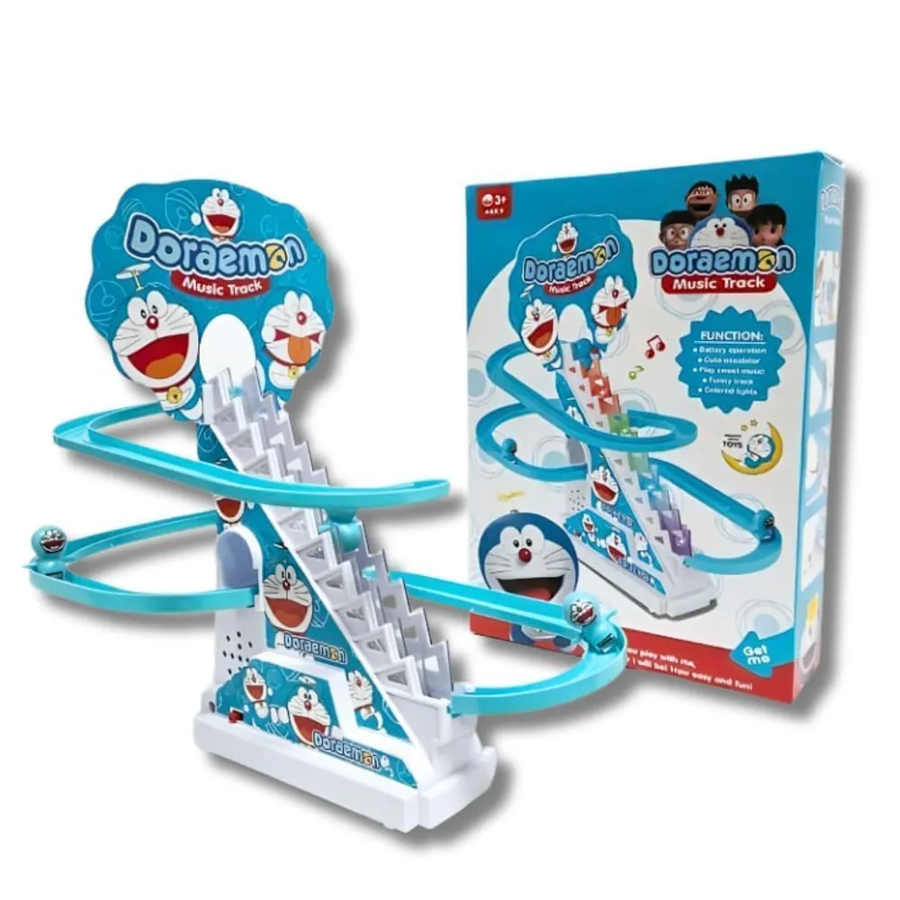 FUNVERSE® Doraemon Track Toys for Kids - Small Doraemon Stair Climbing Toys for Kids, Escalator Toy with Lights and Music - 3 Doraemon Included (Doraemon Track)