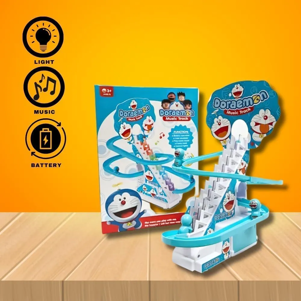 FUNVERSE® Doraemon Track Toys for Kids - Small Doraemon Stair Climbing Toys for Kids, Escalator Toy with Lights and Music - 3 Doraemon Included (Doraemon Track)