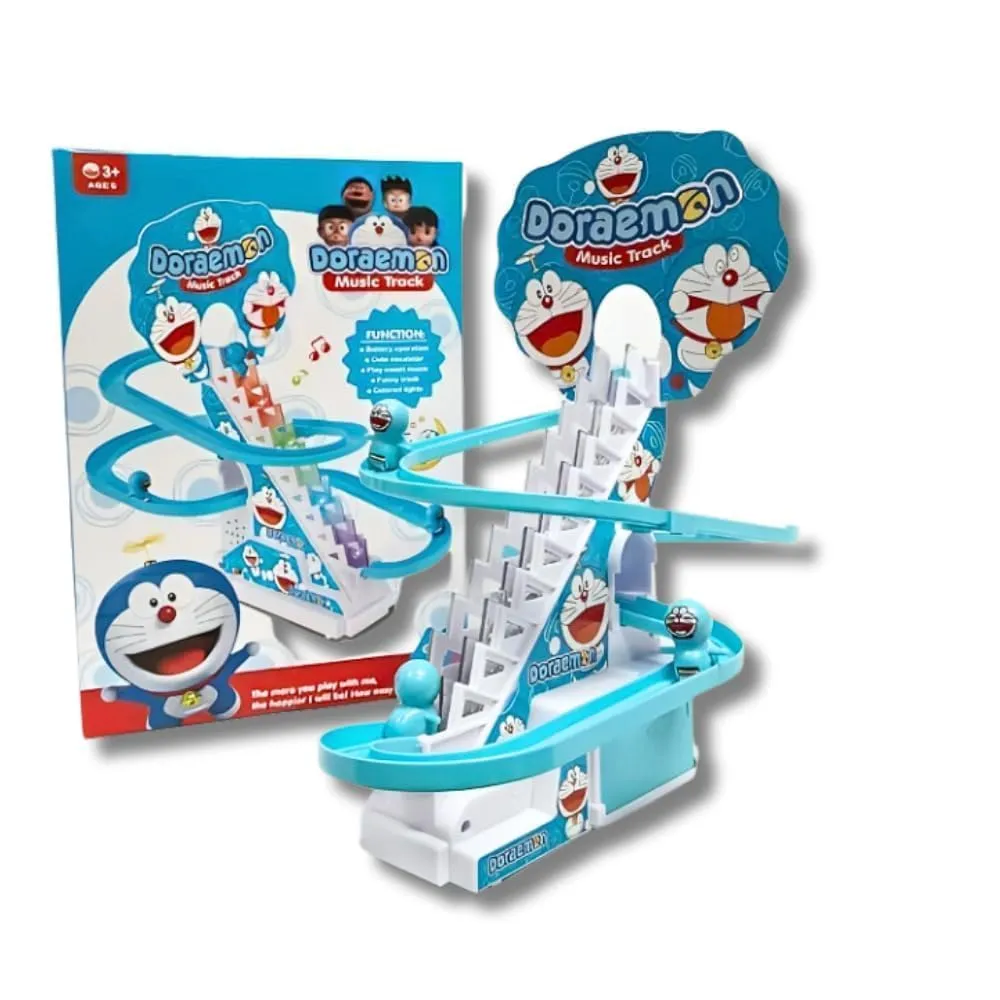 FUNVERSE® Doraemon Track Toys for Kids - Small Doraemon Stair Climbing Toys for Kids, Escalator Toy with Lights and Music - 3 Doraemon Included (Doraemon Track)