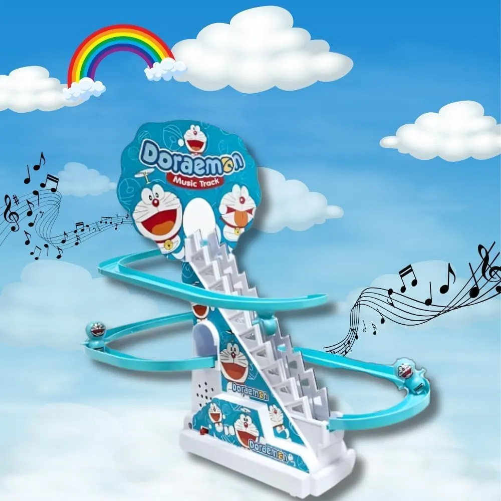 FUNVERSE® Doraemon Track Toys for Kids - Small Doraemon Stair Climbing Toys for Kids, Escalator Toy with Lights and Music - 3 Doraemon Included (Doraemon Track)