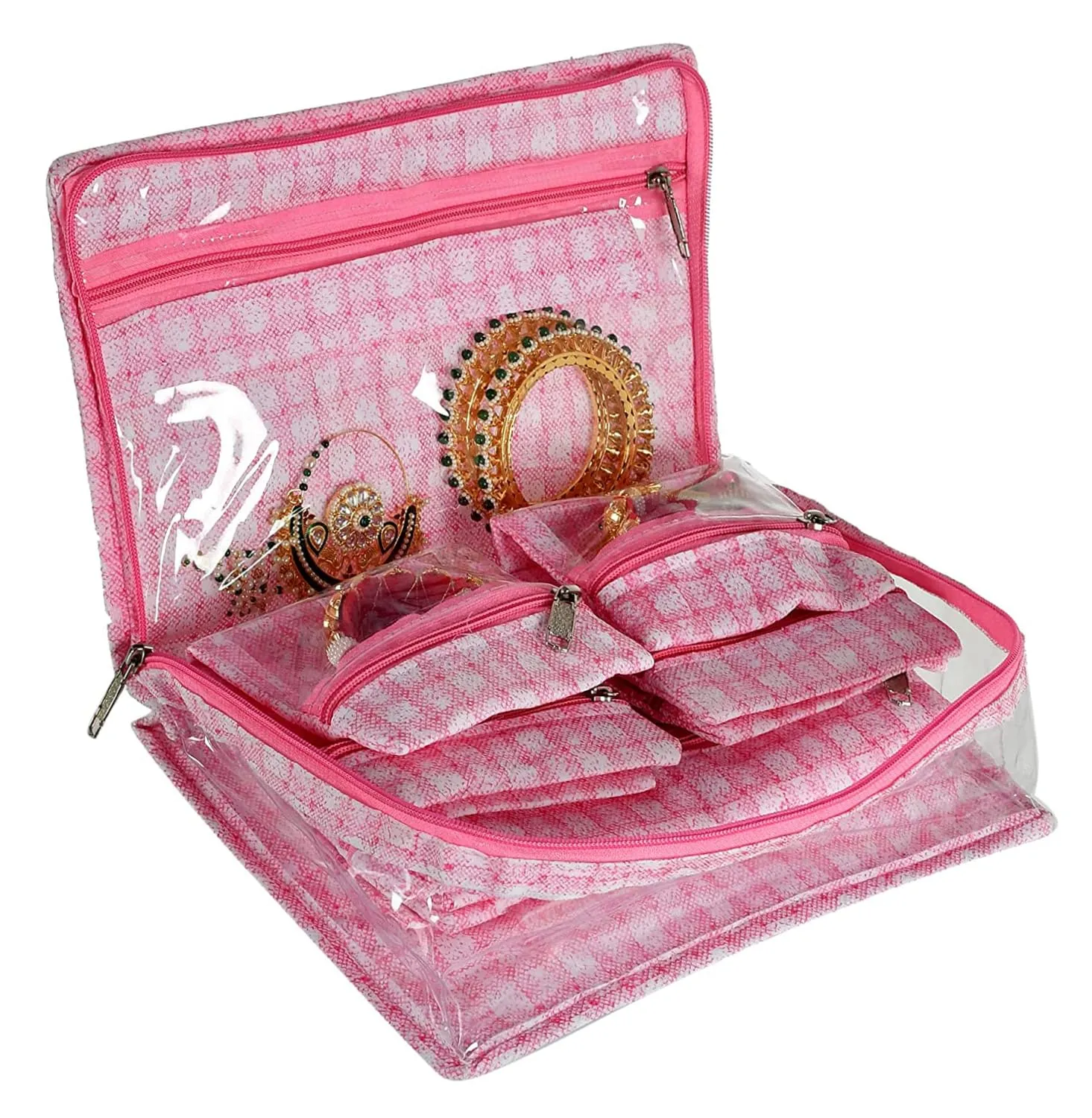 Heart Home Jewellery Kit | Check Design Vanity Box for woman | Laminated Jewellery Kit for woman | Jewellery Kit with 13 Transparent Pouch | Pink