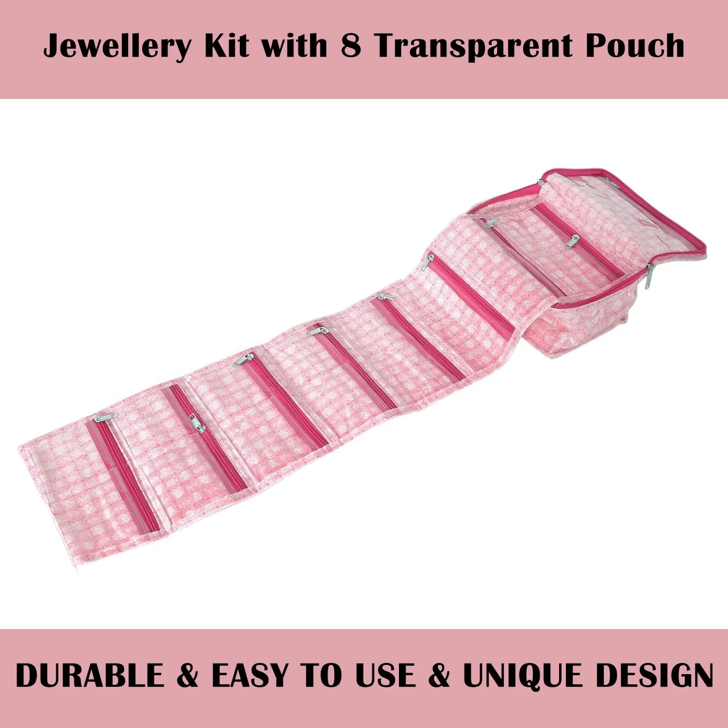 Heart Home Jewellery Kit | Check Design Vanity Box for woman | Laminated Jewellery Kit for woman | Jewellery Kit with 8 Transparent Pouch | Pink