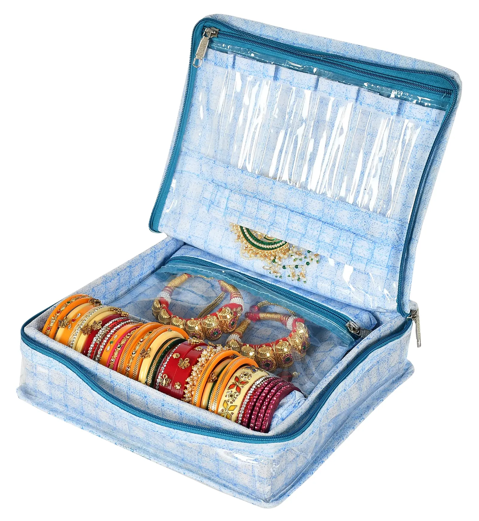 Kuber Industries Check Design Laminated PVC Jewellery Box/Organizer with 4 Transparent Pouch & 1 Bangle/Watch Rod-Pack of 2 (Blue)-HS_38_LUGGAGE21276