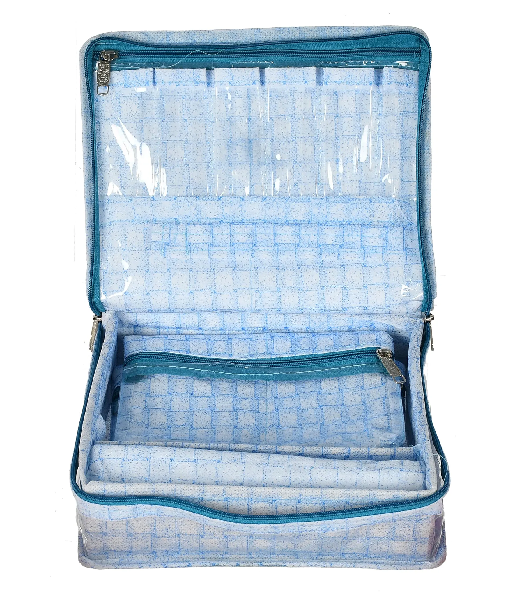 Kuber Industries Check Design Laminated PVC Jewellery Box/Organizer with 4 Transparent Pouch & 1 Bangle/Watch Rod-Pack of 2 (Blue)-HS_38_LUGGAGE21276