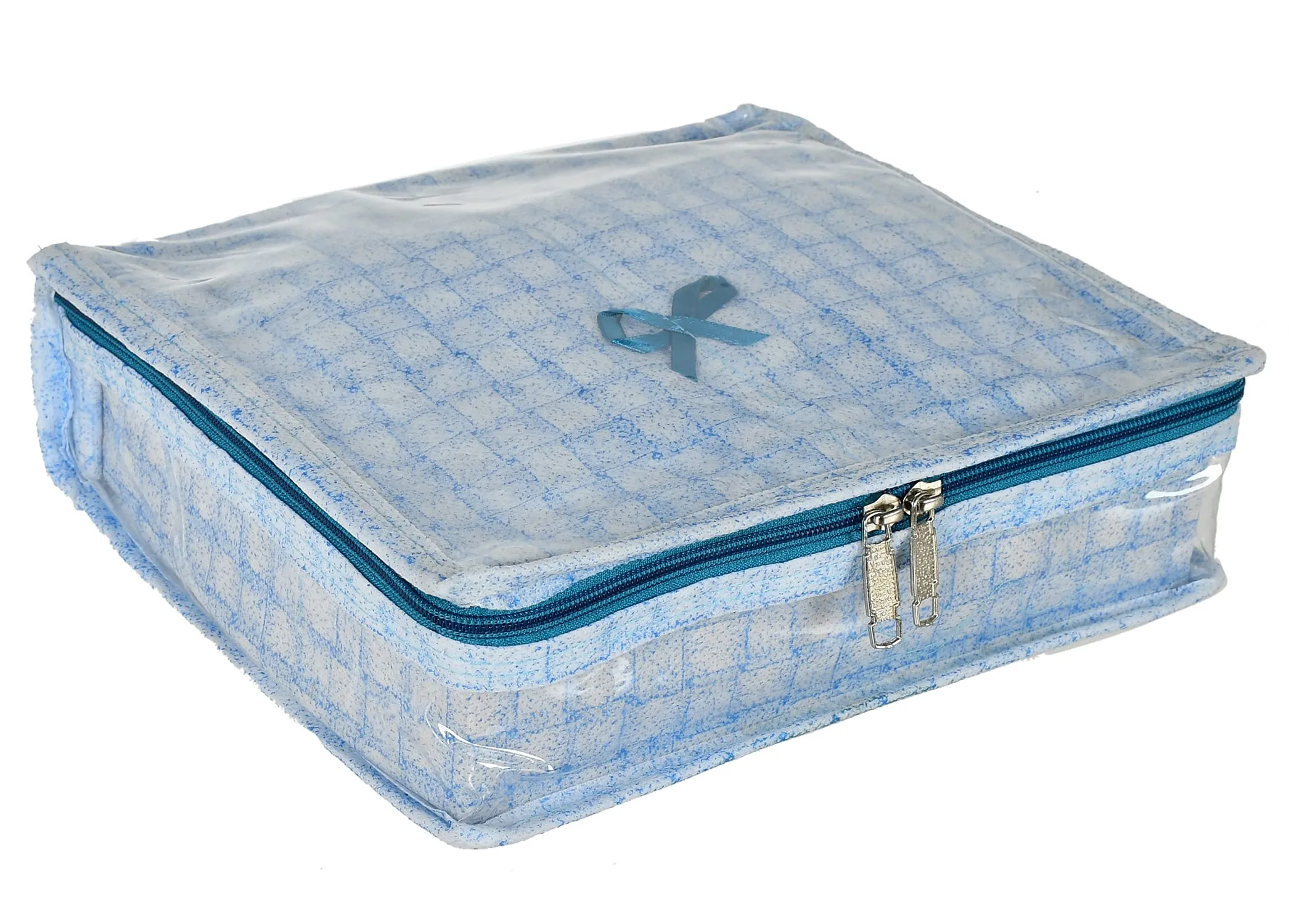 Kuber Industries Check Design Laminated PVC Jewellery Box/Organizer with 4 Transparent Pouch & 1 Bangle/Watch Rod-Pack of 2 (Blue)-HS_38_LUGGAGE21276