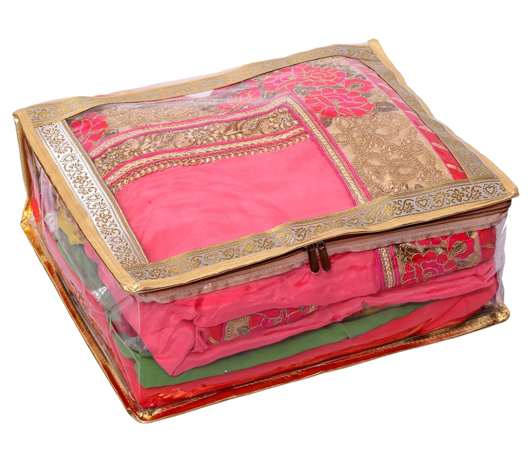 Kuber Industries Dot Printed 3 Piece Transparent PVC Saree Cover/Clothes/Storage Bag Organiser For Wardrobe (Gold)