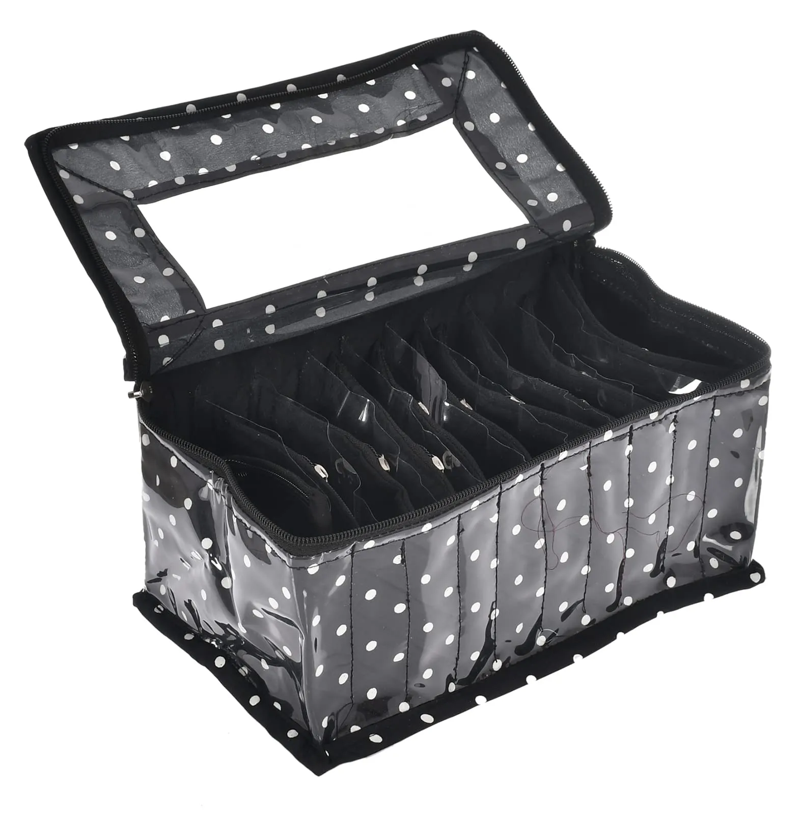 Kuber Industries Dot Printed Laminated PVC Multipurpose Jewellery Organizer with 10 Tranasparent Pouches (Black)-45LUG02