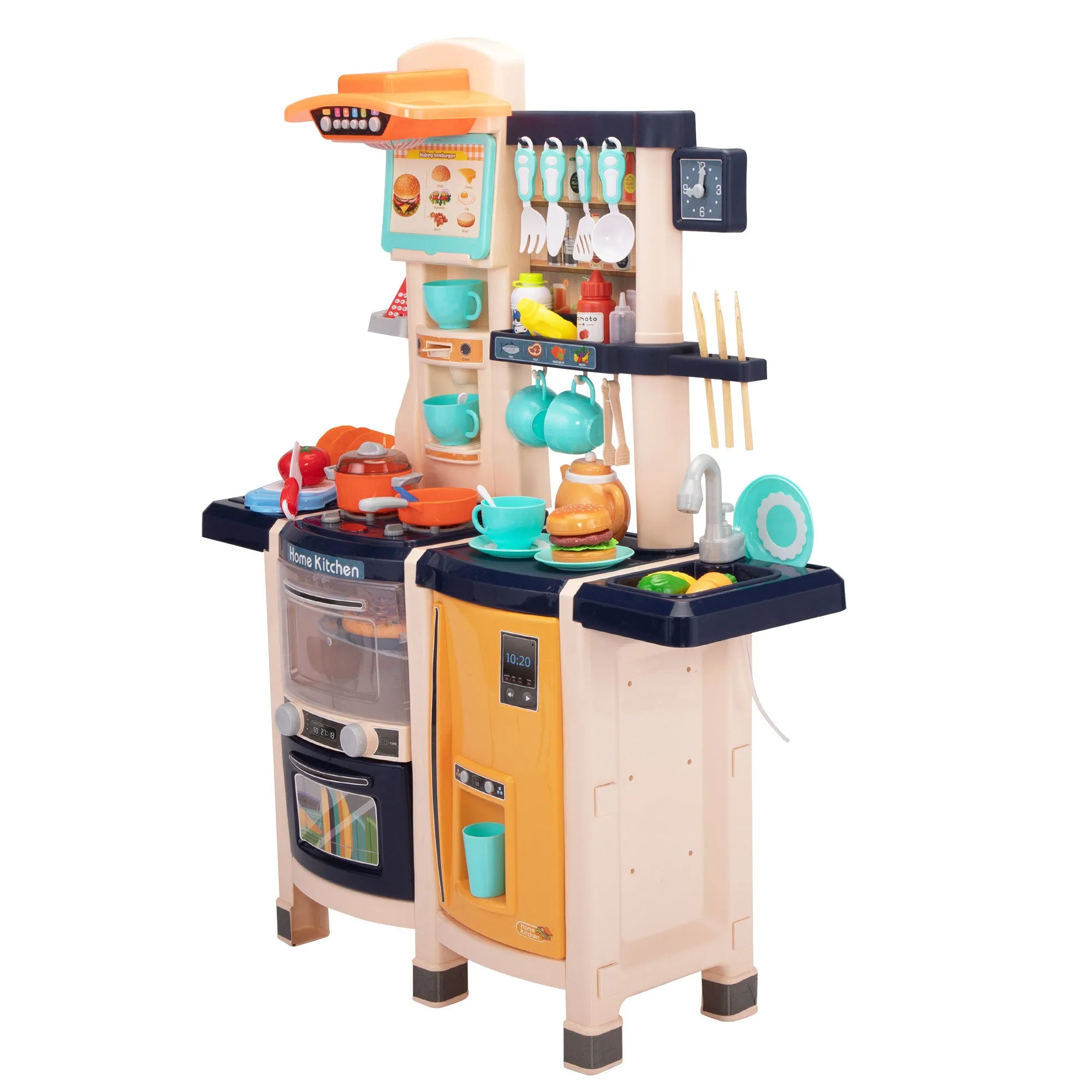 Large Pretend Play Kitchen Set Kids Cooking Playset with Realistic Lights;  Vivid Sounds;  Play Phone;  Clock and 65 Pcs Accessories;  3  ;  Blue XH