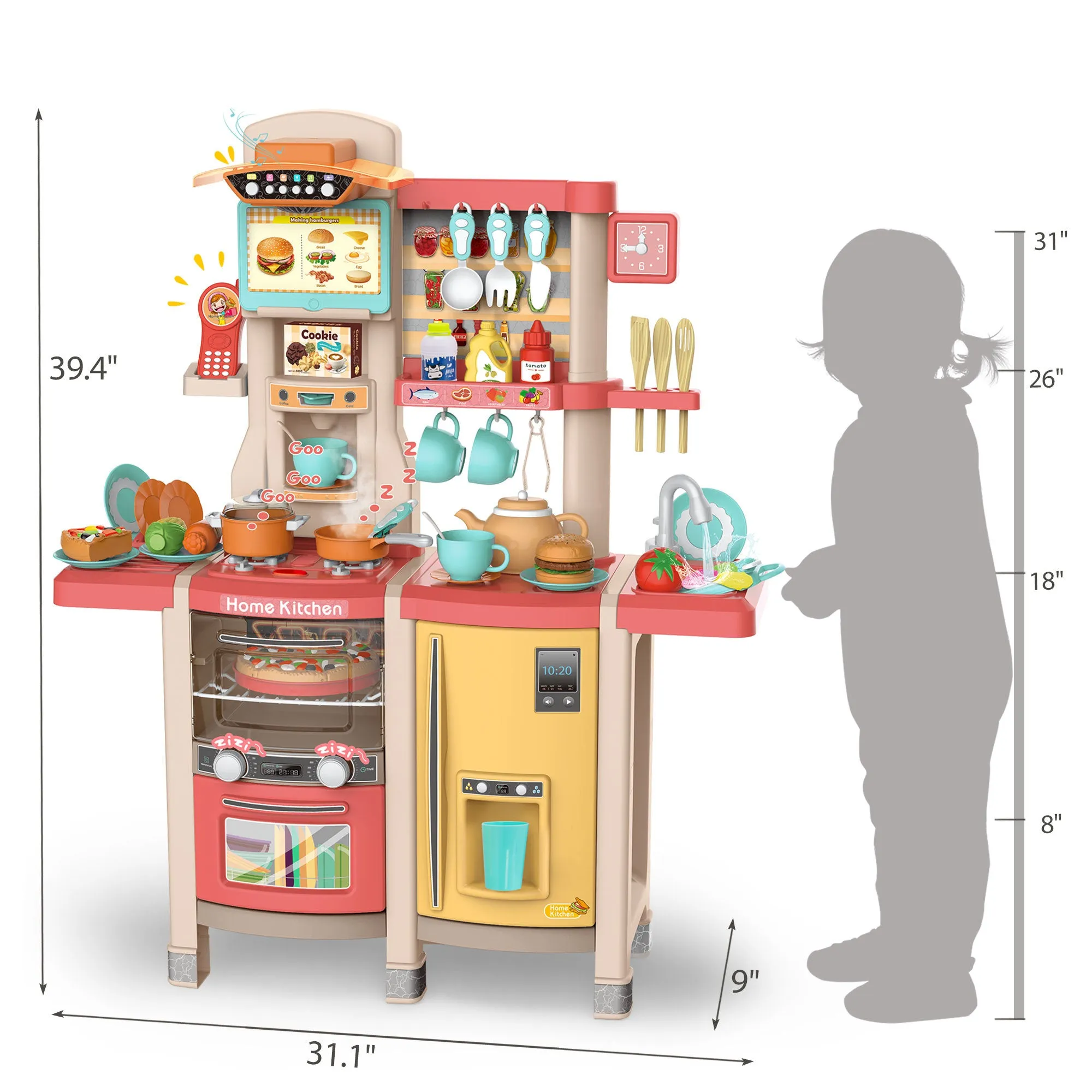 Large Pretend Play Kitchen Set Kids Cooking Playset with Realistic Lights;  Vivid Sounds;  Play Phone;  Clock and 65 Pcs Accessories;  3  ;  Blue XH