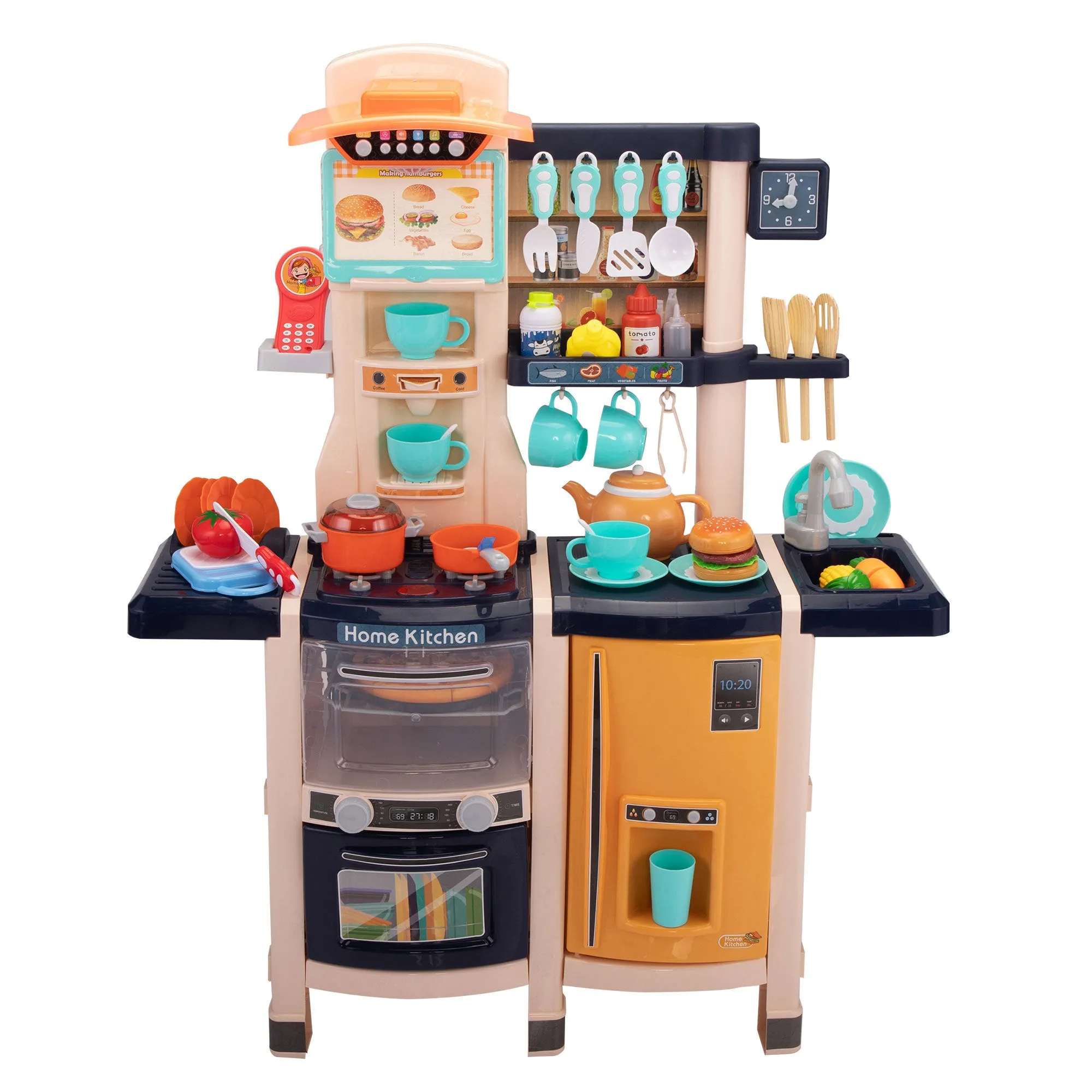 Large Pretend Play Kitchen Set Kids Cooking Playset with Realistic Lights;  Vivid Sounds;  Play Phone;  Clock and 65 Pcs Accessories;  3  ;  Blue XH