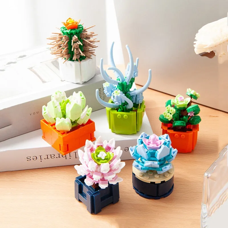 Mini Flower Building Blocks Home Desktop Succulent Potted Ornaments Diy Small Particles Puzzle Assembled Children's Toy Gift