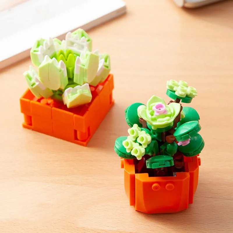 Mini Flower Building Blocks Home Desktop Succulent Potted Ornaments Diy Small Particles Puzzle Assembled Children's Toy Gift