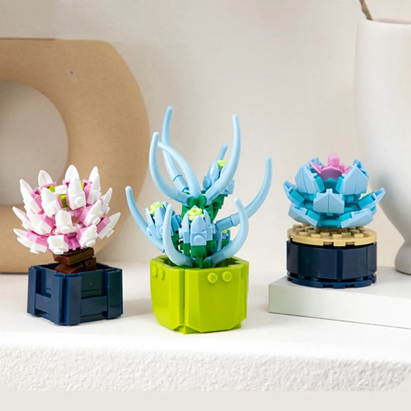 Mini Flower Building Blocks Home Desktop Succulent Potted Ornaments Diy Small Particles Puzzle Assembled Children's Toy Gift