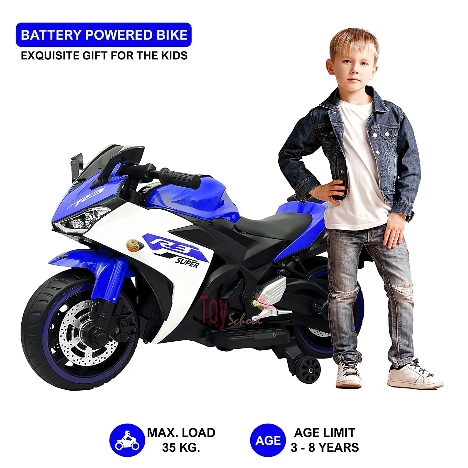 Nexus Product Kids Bike R3 Toy With Rechargeable Battery Operated Ride On For Kids To Drive | Electric Bike For Children [3 To 8 Years, Large, Blue White]