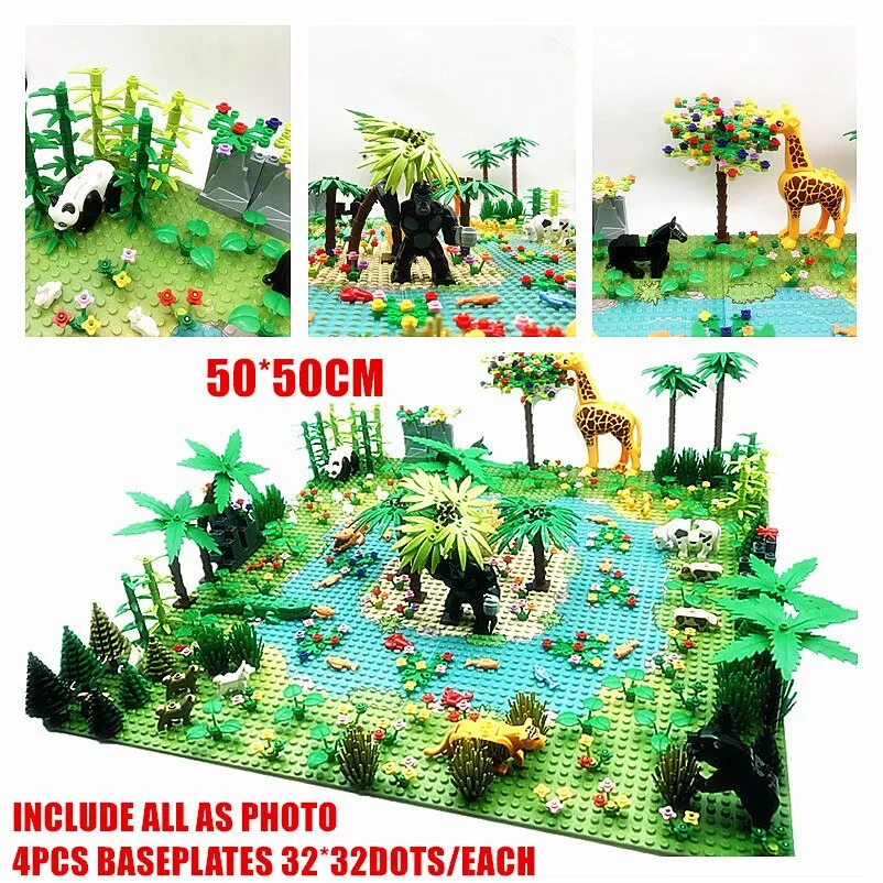 Rain Forest Parts Animal Green Grass Jungle Bush Flower Tree Plants Building Blocks DIY MOC Assemble Compatible Brands Baseplate