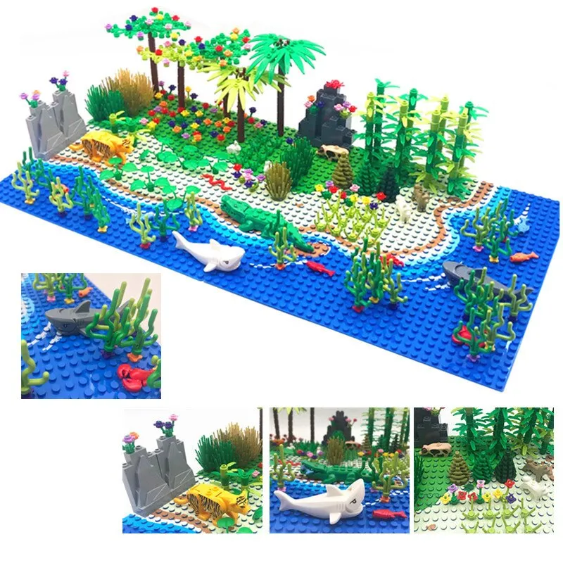 Rain Forest Parts Animal Green Grass Jungle Bush Flower Tree Plants Building Blocks DIY MOC Assemble Compatible Brands Baseplate