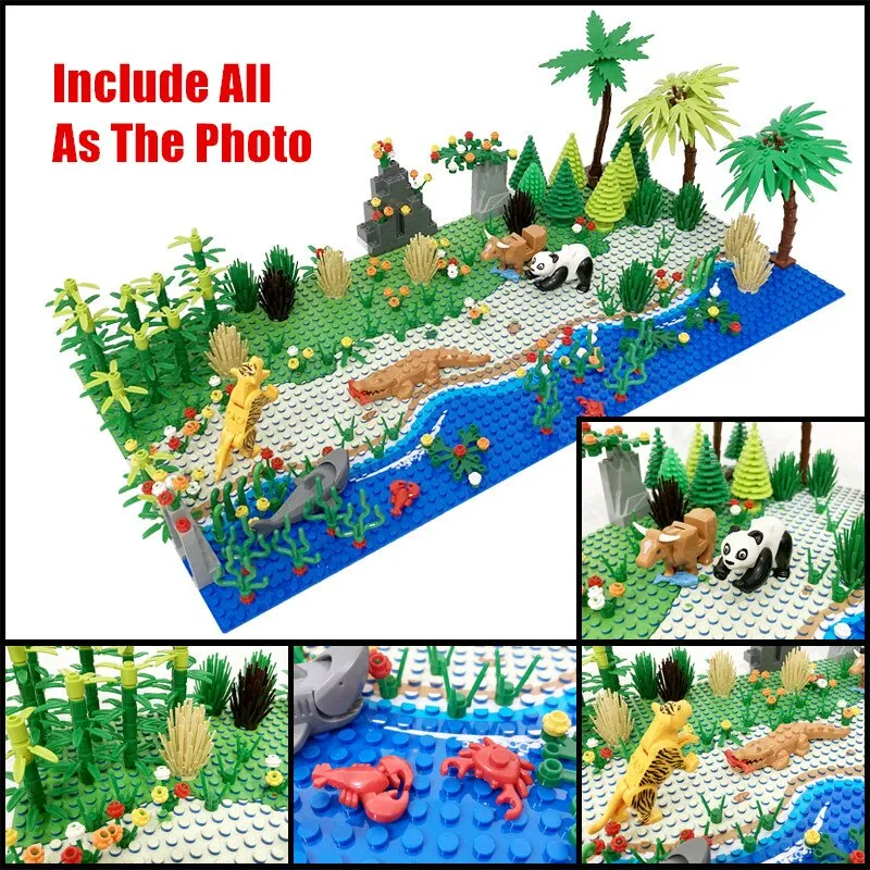 Rain Forest Parts Animal Green Grass Jungle Bush Flower Tree Plants Building Blocks DIY MOC Assemble Compatible Brands Baseplate