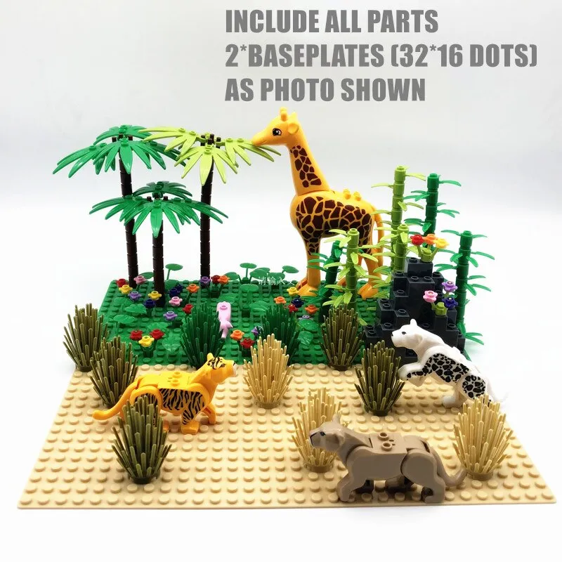 Rain Forest Parts Animal Green Grass Jungle Bush Flower Tree Plants Building Blocks DIY MOC Assemble Compatible Brands Baseplate