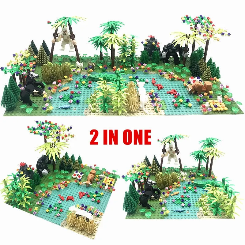 Rain Forest Parts Animal Green Grass Jungle Bush Flower Tree Plants Building Blocks DIY MOC Assemble Compatible Brands Baseplate