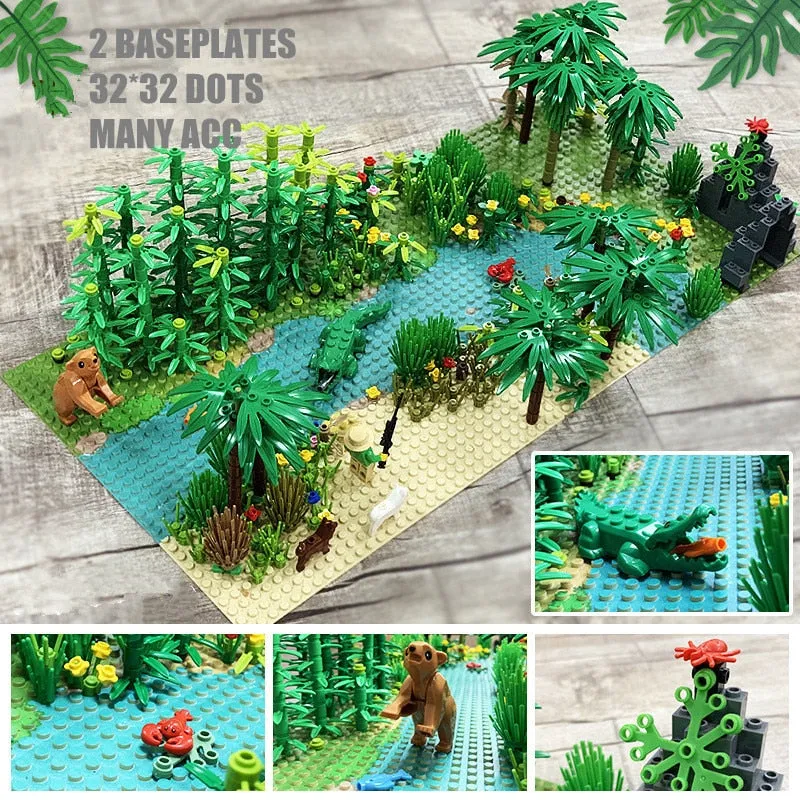 Rain Forest Parts Animal Green Grass Jungle Bush Flower Tree Plants Building Blocks DIY MOC Assemble Compatible Brands Baseplate