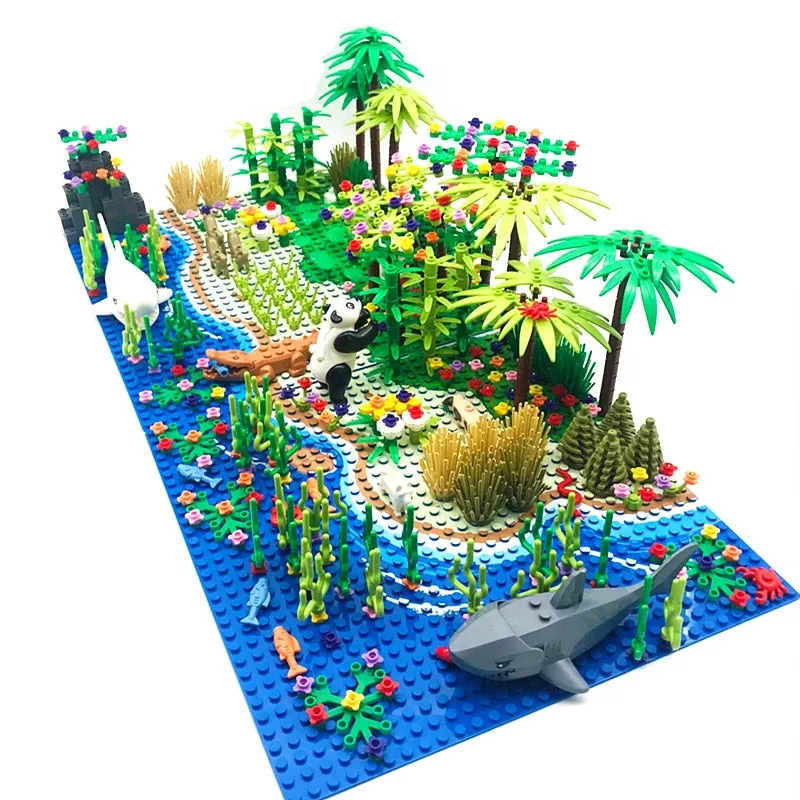 Rain Forest Parts Animal Green Grass Jungle Bush Flower Tree Plants Building Blocks DIY MOC Assemble Compatible Brands Baseplate