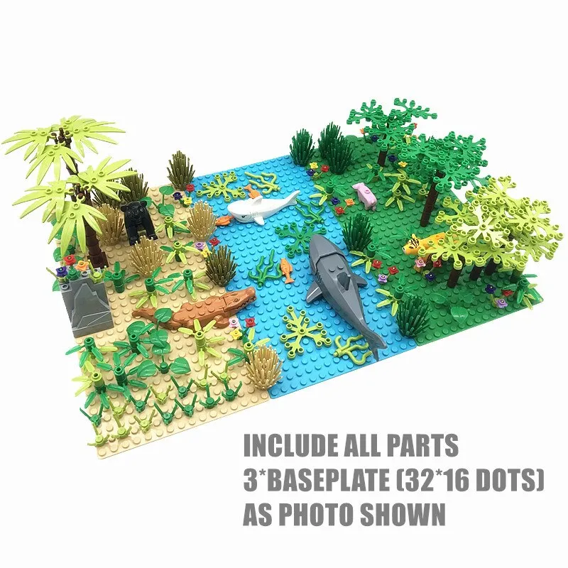 Rain Forest Parts Animal Green Grass Jungle Bush Flower Tree Plants Building Blocks DIY MOC Assemble Compatible Brands Baseplate