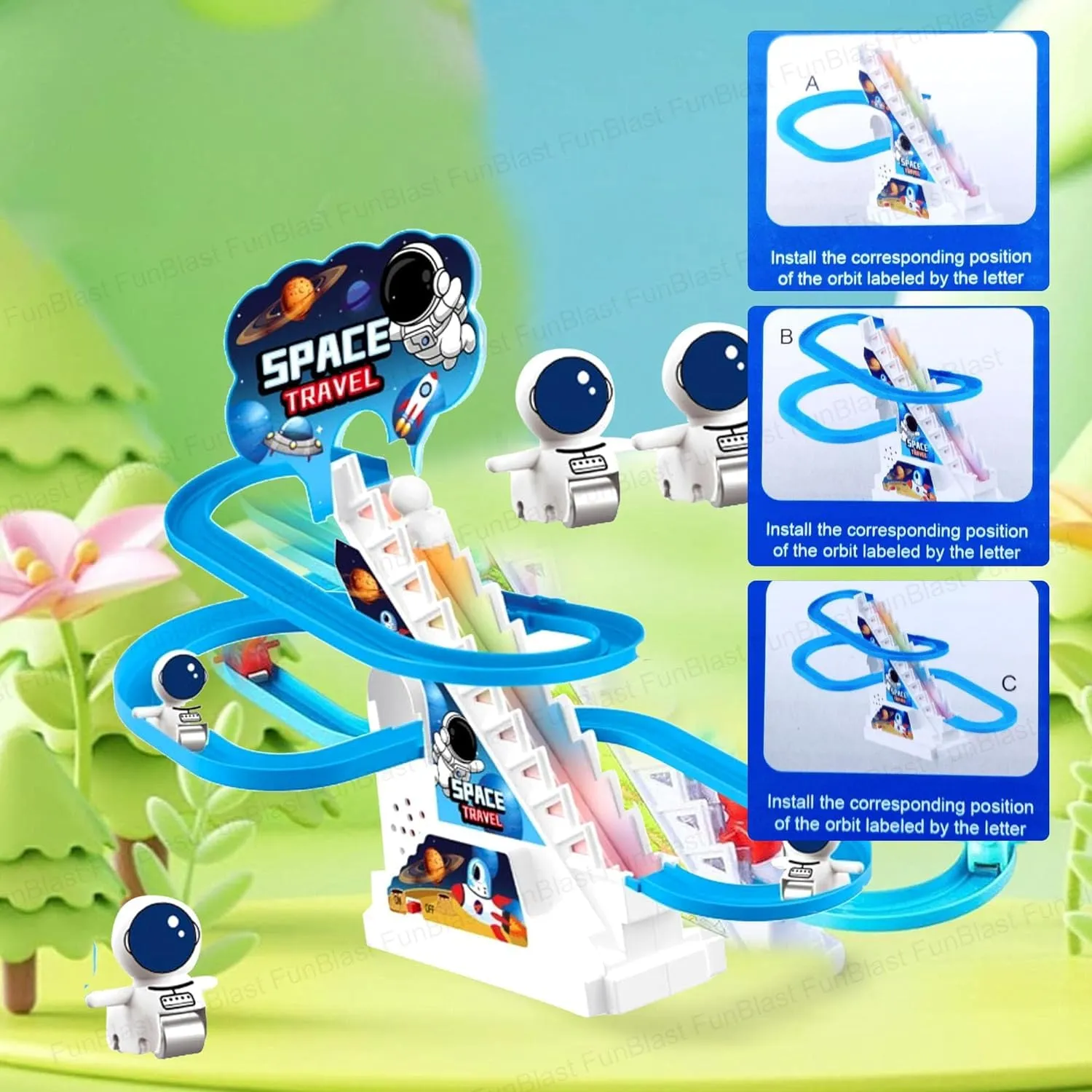 TEC TAVAKKAL Astronaut Slide Toy Set, Funny Automatic Stair-Climbing Astronaut Cartoon Race Track Set Little Attractive Astronaut Slide Toy Escalator Toy with Lights and Music (Astronaut Track Set)