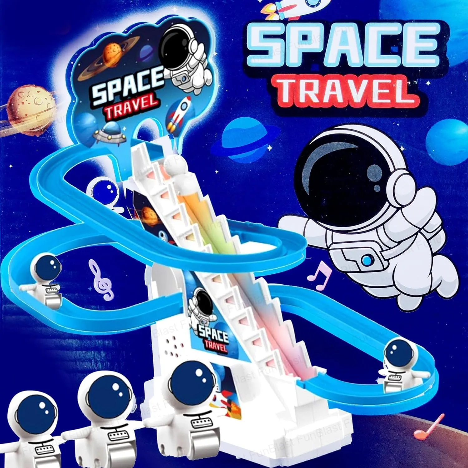 TEC TAVAKKAL Astronaut Slide Toy Set, Funny Automatic Stair-Climbing Astronaut Cartoon Race Track Set Little Attractive Astronaut Slide Toy Escalator Toy with Lights and Music (Astronaut Track Set)