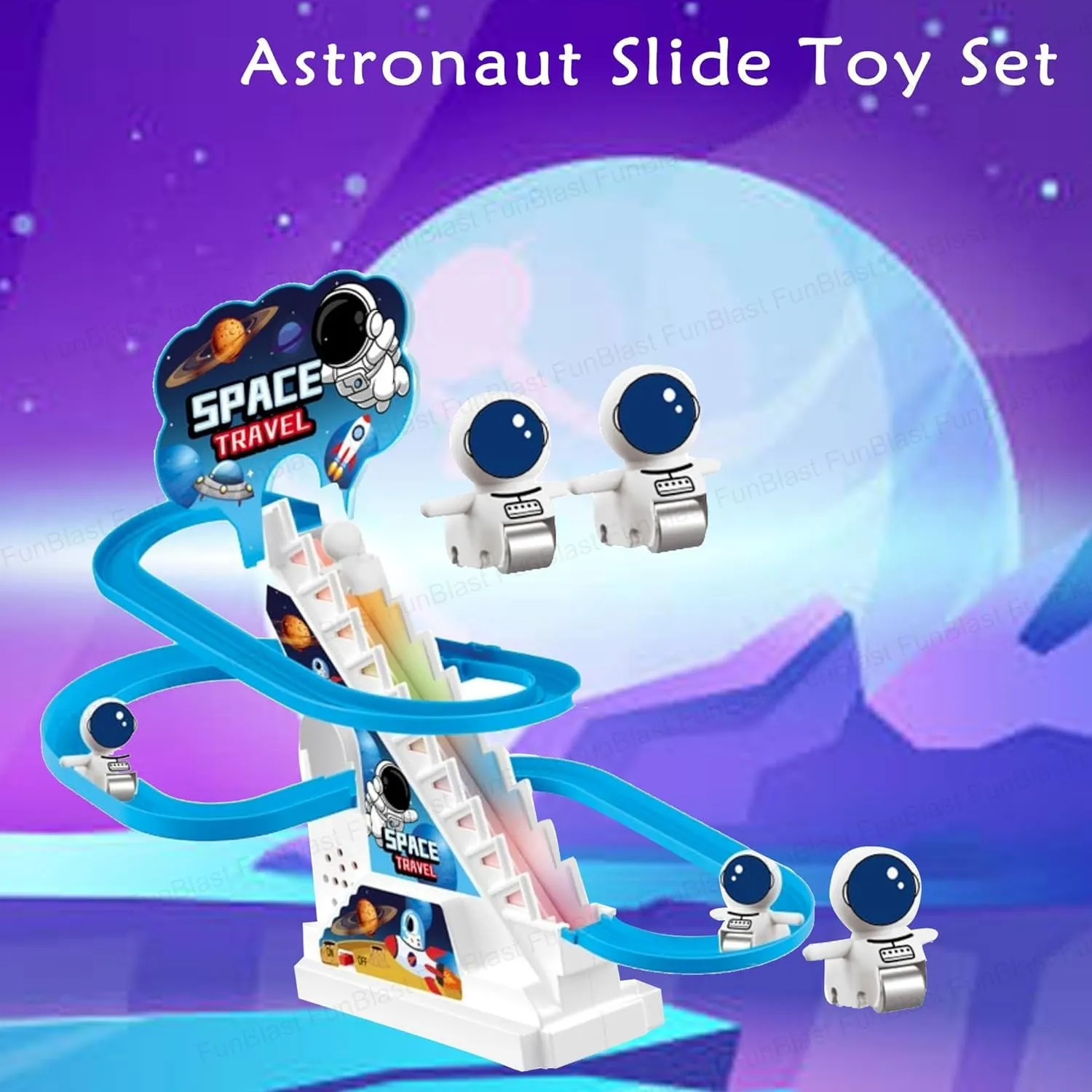 TEC TAVAKKAL Astronaut Slide Toy Set, Funny Automatic Stair-Climbing Astronaut Cartoon Race Track Set Little Attractive Astronaut Slide Toy Escalator Toy with Lights and Music (Astronaut Track Set)