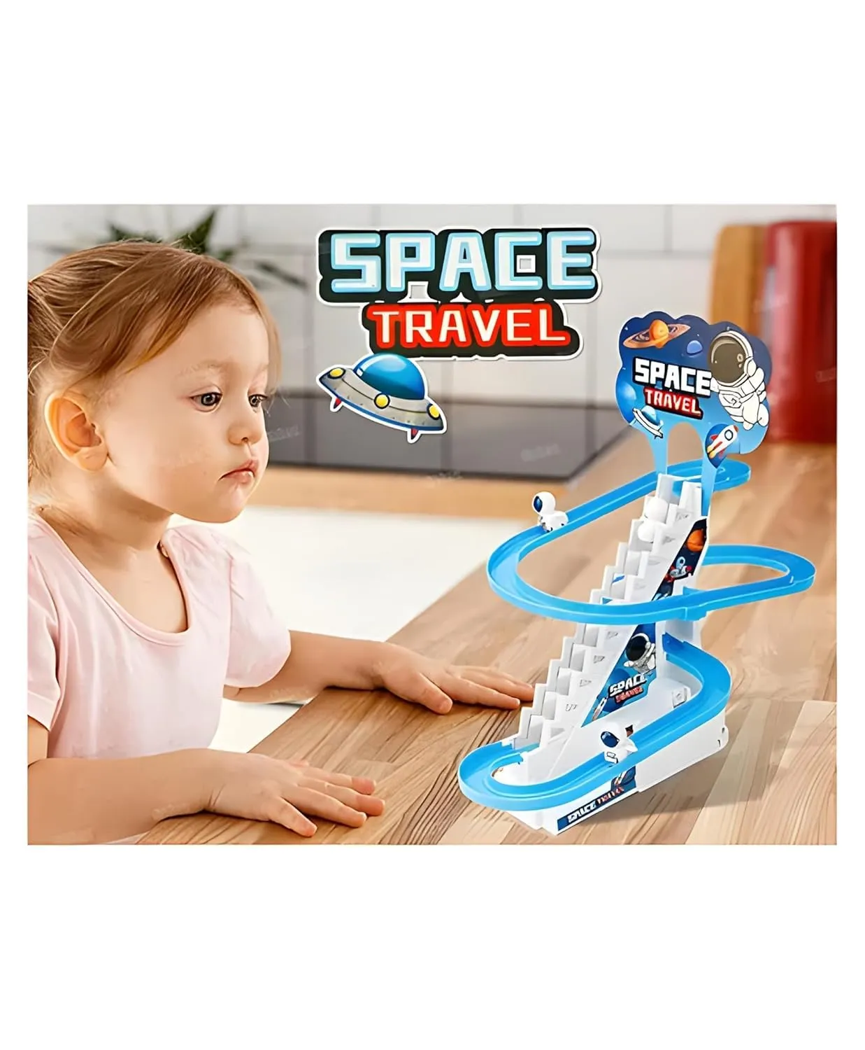 TEC TAVAKKAL Astronaut Slide Toy Set, Funny Automatic Stair-Climbing Astronaut Cartoon Race Track Set Little Attractive Astronaut Slide Toy Escalator Toy with Lights and Music (Astronaut Track Set)